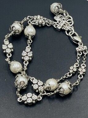 Brighton Neptunes Rings Pearl Crystal Double Strand Silver Bracelet Adjustable